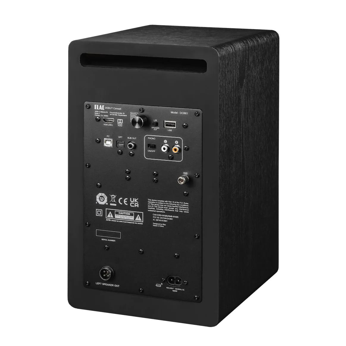 Spate boxă activă Elac Debut ConneX DCB61 negru, port reflex, conexiuni HDMI ARC, USB, RCA, optic.