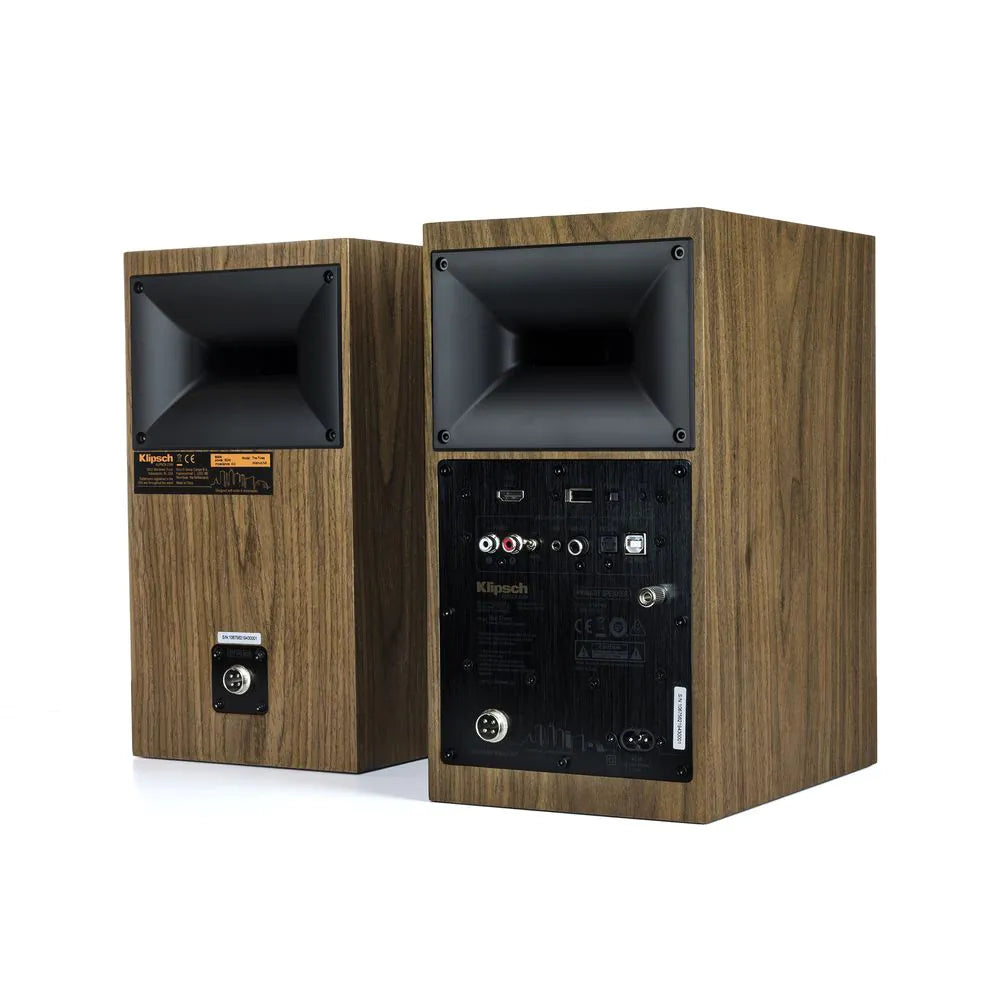 Boxe active Klipsch The Fives finisaj lemn, vedere spate cu porturi HDMI, USB, RCA, optic și alimentare.