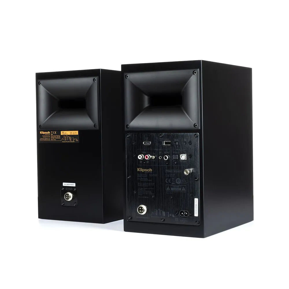 Boxe active Klipsch The Fives negre, vedere din spate, cu porturi HDMI, RCA, USB, optic și XLR vizibile.