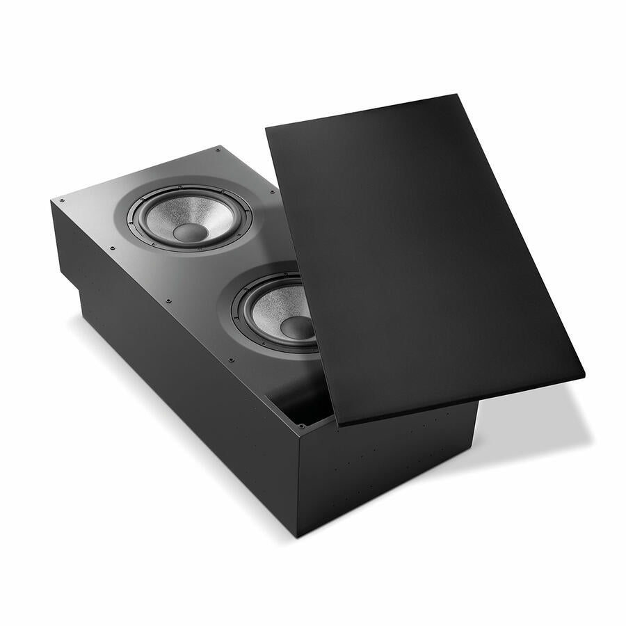 Subwoofer Focal Cinema Sub, vedere de sus, negru, cu două difuzoare expuse și capac detașabil.