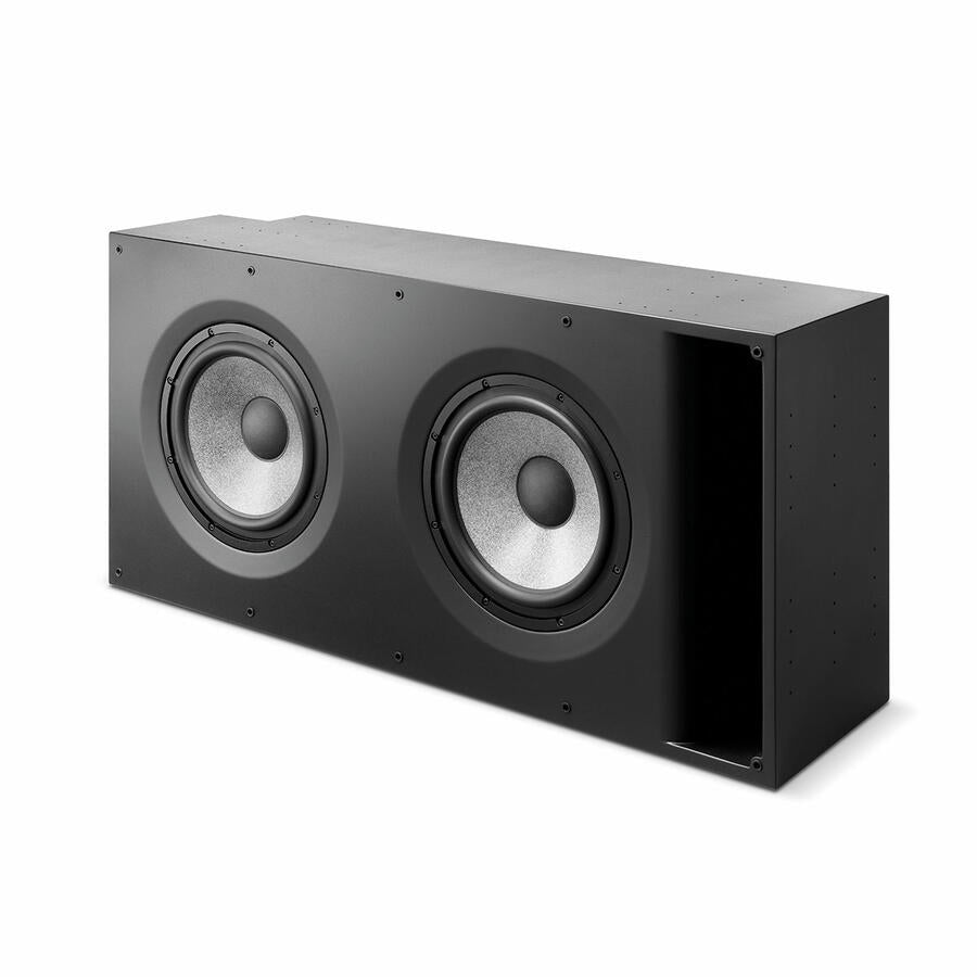 Subwoofer Focal Cinema Sub, vedere laterală, culoare neagră, cu două difuzoare vizibile frontal.#color_black