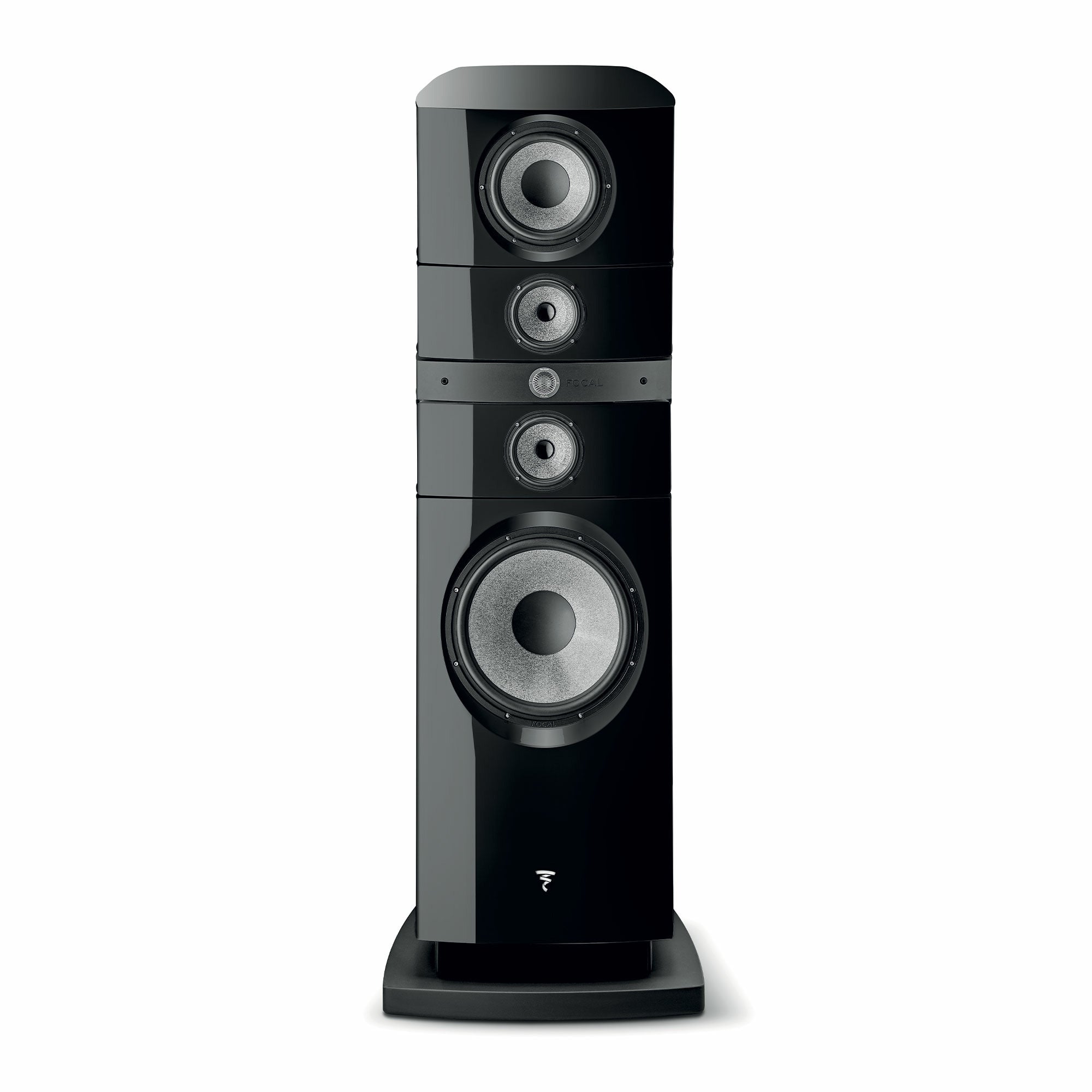 Focal Grande Utopia EM Evo Boxe de podea, vedere frontală, culoare negru lacuit, difuzoare multiple.