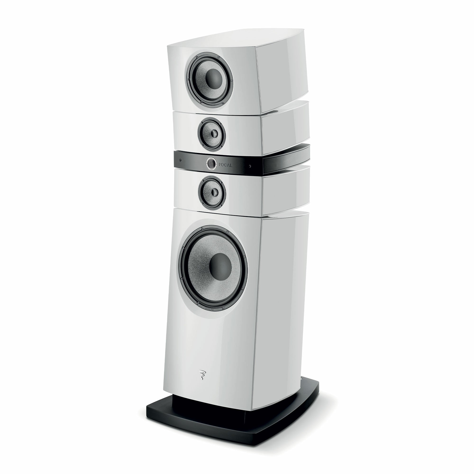 Boxă Focal Grande Utopia EM Evo, alb Carrara, vedere laterală. Prezintă difuzoare multiple și bază solidă.