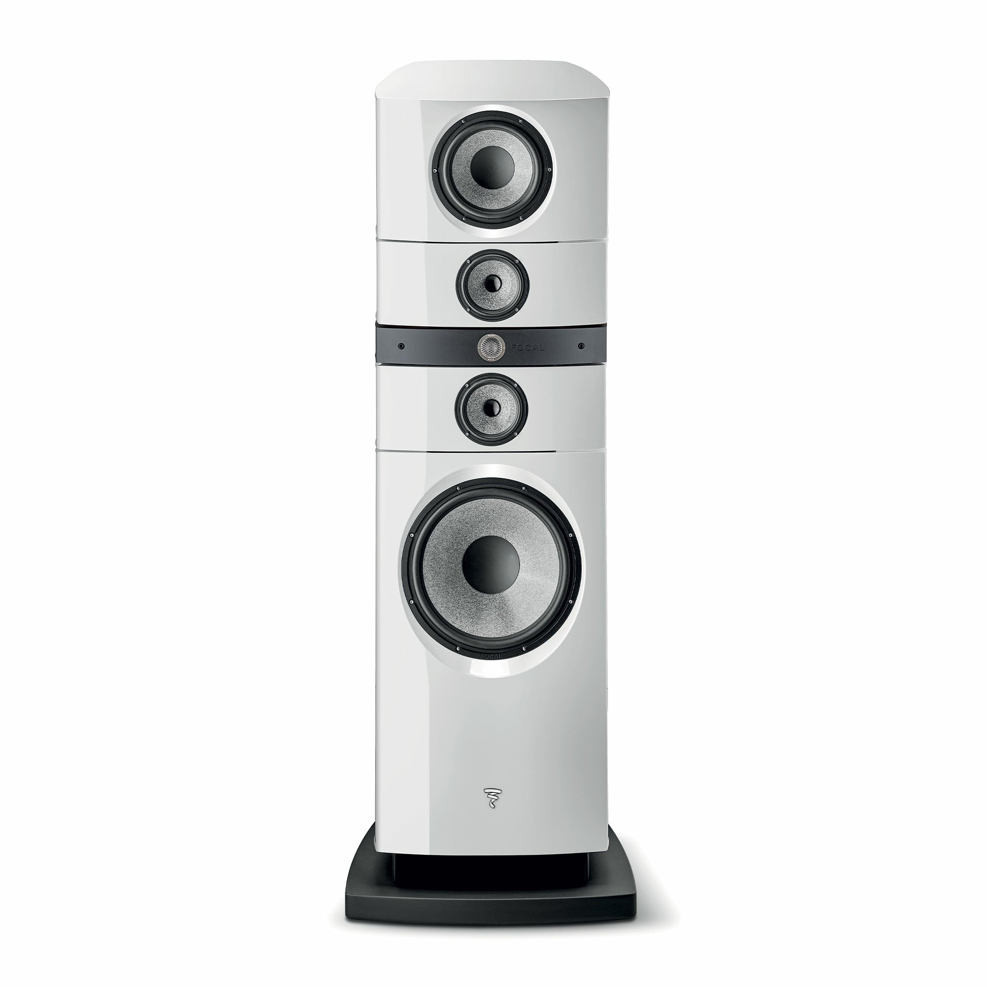 Boxă Focal Grande Utopia EM Evo, vedere frontală, culoare alb Carrara, patru difuzoare vizibile, inclusiv woofer.