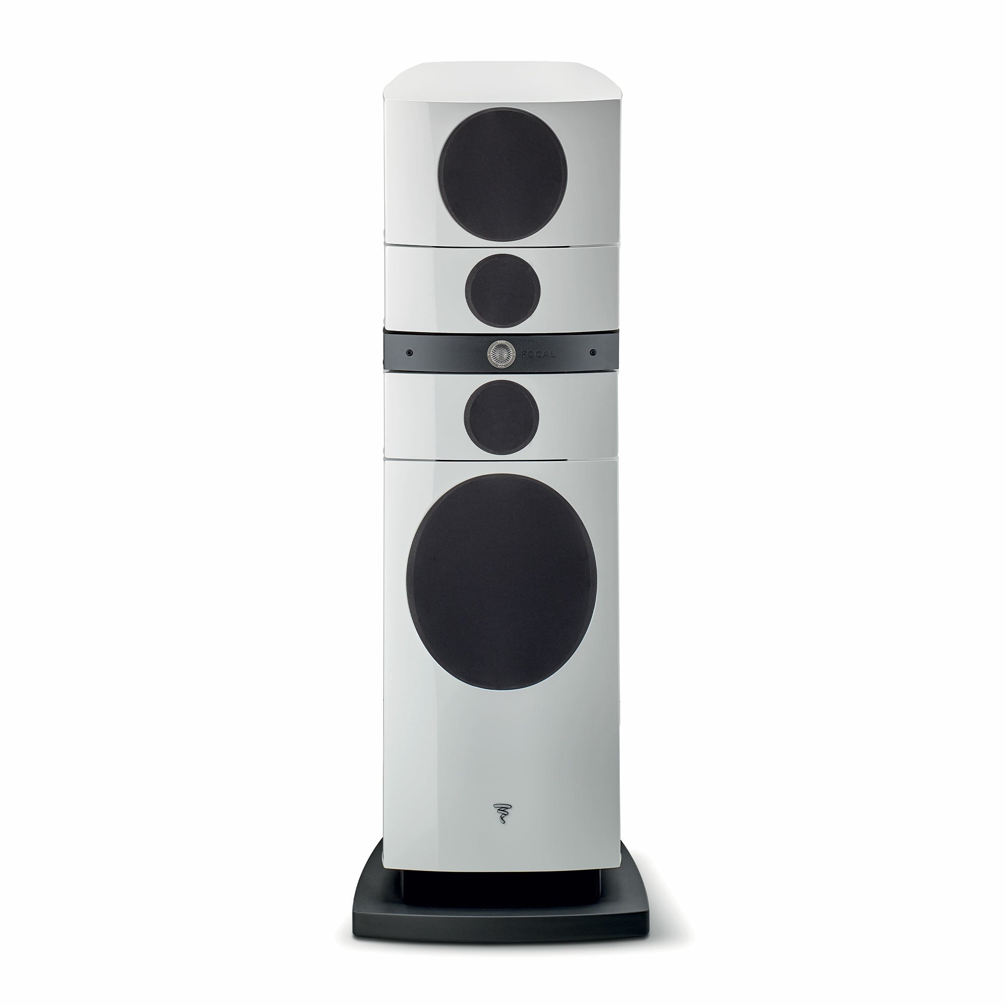 Boxă Focal Grande Utopia EM Evo, față, alb Carrara, cu difuzoare multiple vizibile și bază neagră.