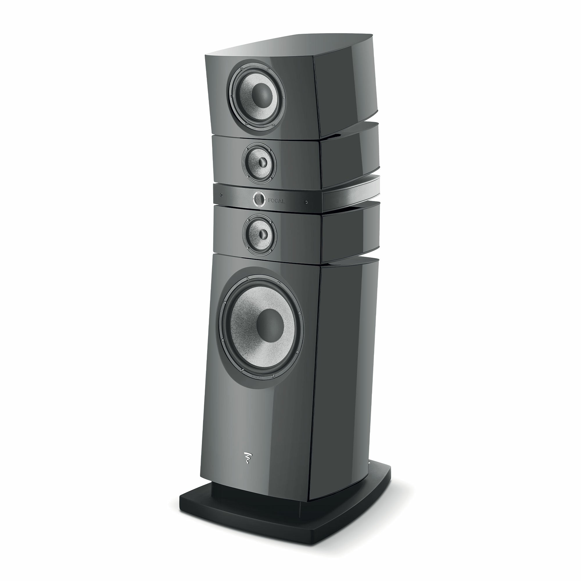 Focal Grande Utopia EM Evo, vedere din unghi de 34°, culoare gri, arată difuzoarele și baza solidă.