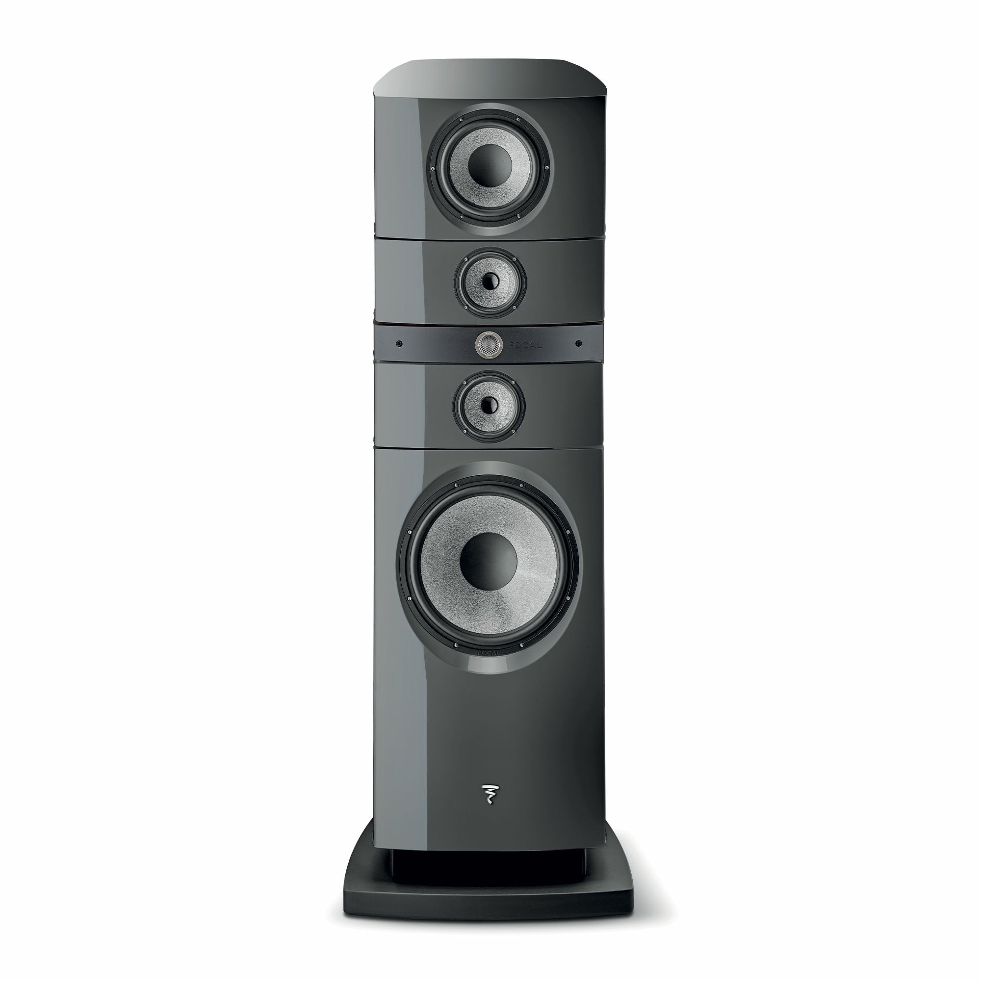 Focal Grande Utopia EM Evo Boxe de podea, vedere frontală, culoare gri, patru difuzoare vizibile.