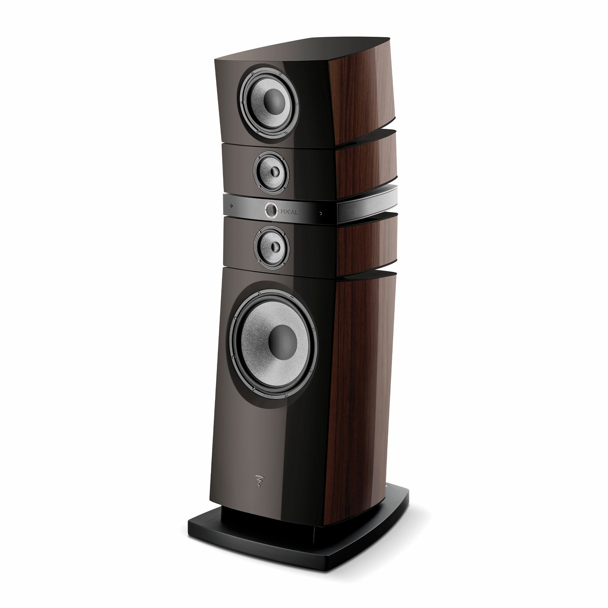 Focal Grande Utopia EM Evo, vedere laterală, culoare negru și lemn închis, difuzoare multiple vizibile.