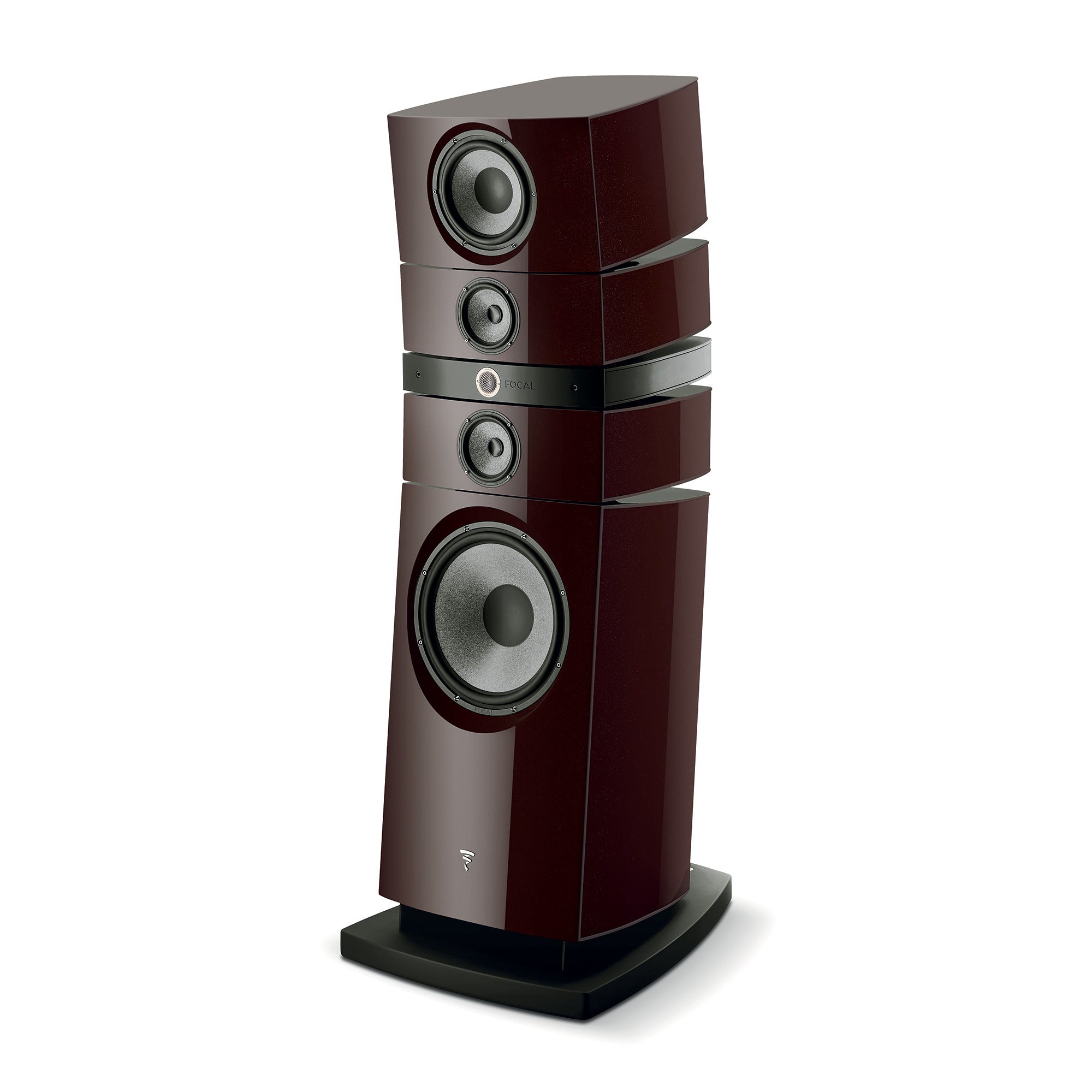 Focal Grande Utopia EM Evo Boxe de podea, unghi 3/4, culoare ciocolată, difuzoare multiple vizibile.