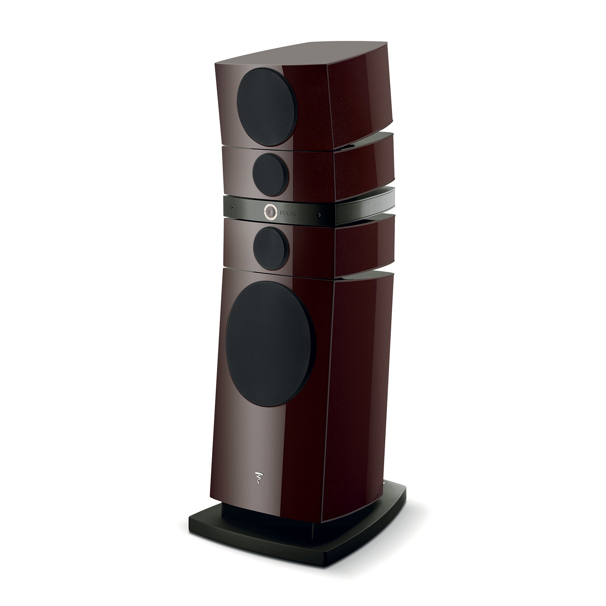 Focal Grande Utopia EM Evo boxă de podea, unghi 3/4, culoare ciocolată. Vizibile difuzoare multiple.