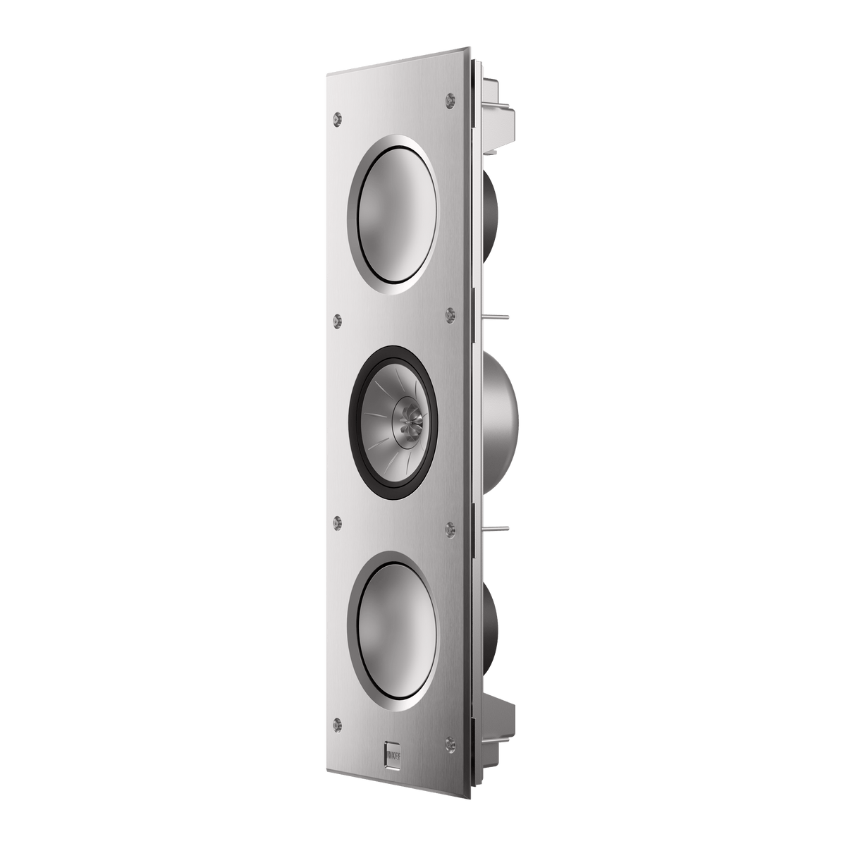 KEF Ci3160RLM-THX fără grilă, cu driverele de bas din aluminiu vizibile