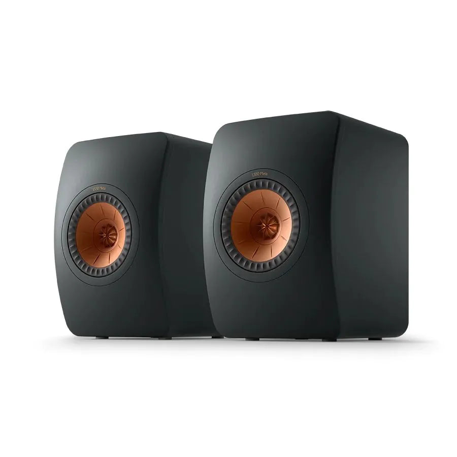 Boxe de raft pasive KEF LS50 Meta negre, vedere frontală, difuzoare Uni-Q cu con de cupru vizibil.#color_black