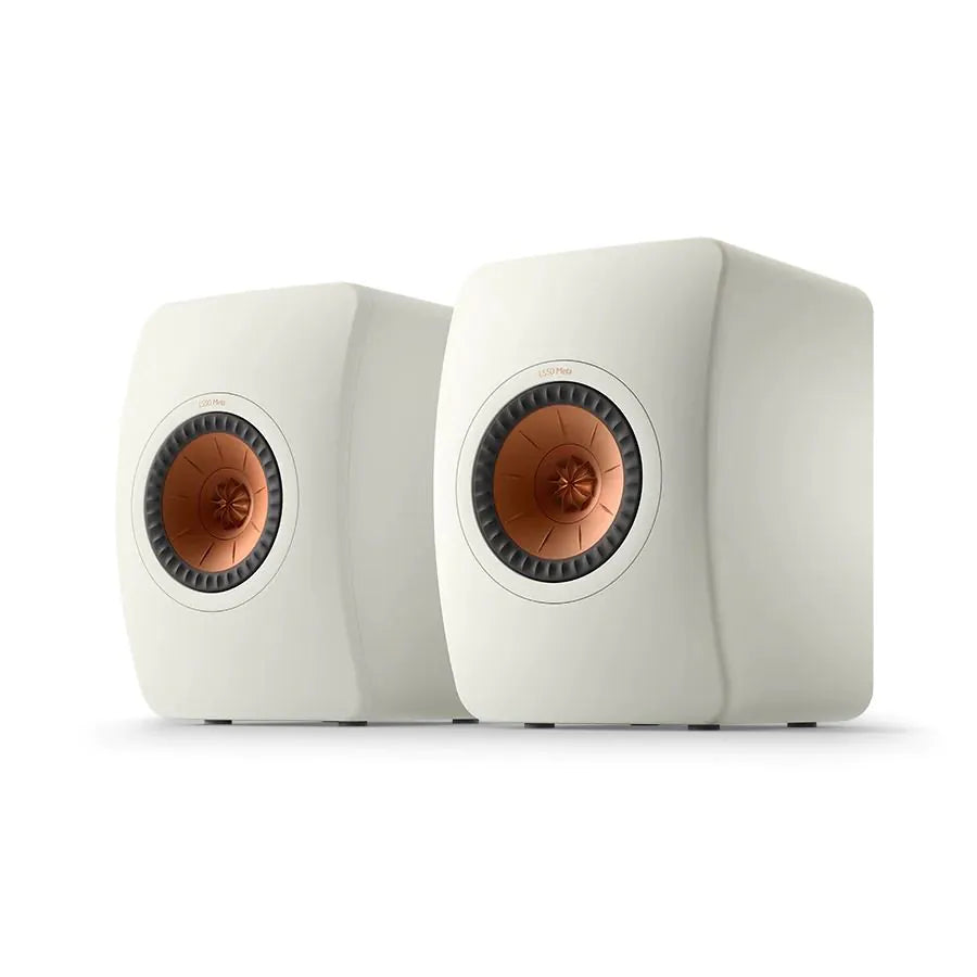 Boxe de raft pasive KEF LS50 Meta, vedere frontală, finisaj alb mineral, difuzoare Uni-Q cu con cupru.