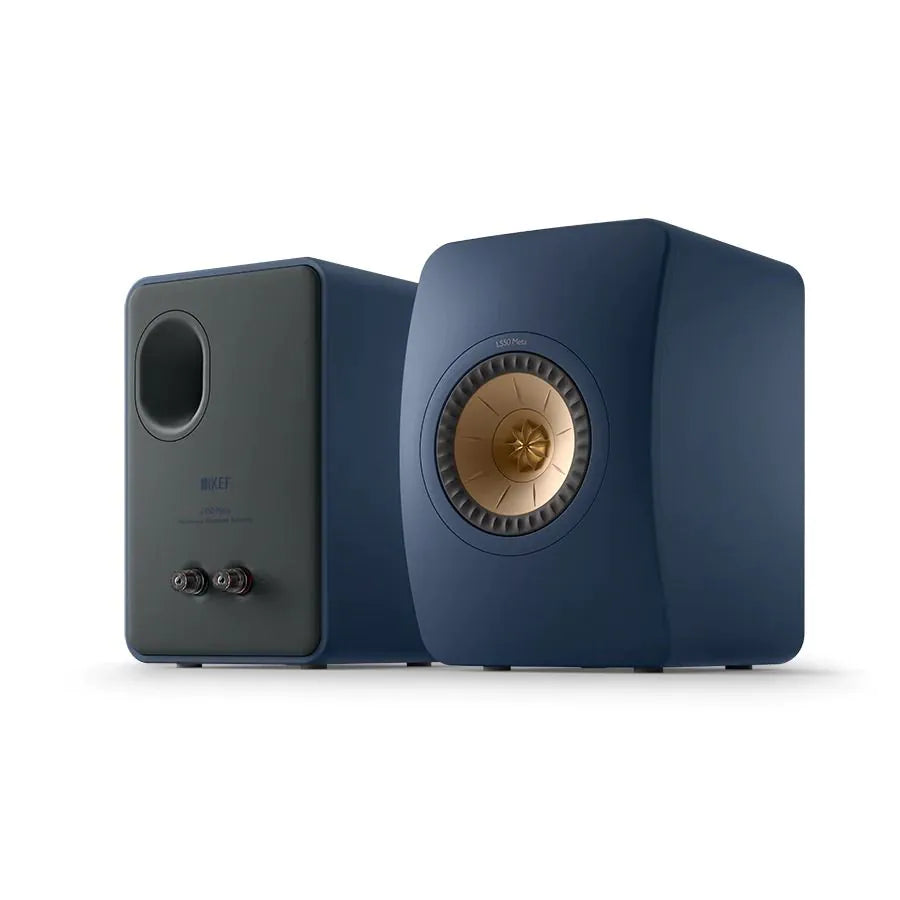 Boxe de raft pasive KEF LS50 Meta albastre, vedere față-spate, difuzor Uni-Q și conectori audio vizibili.