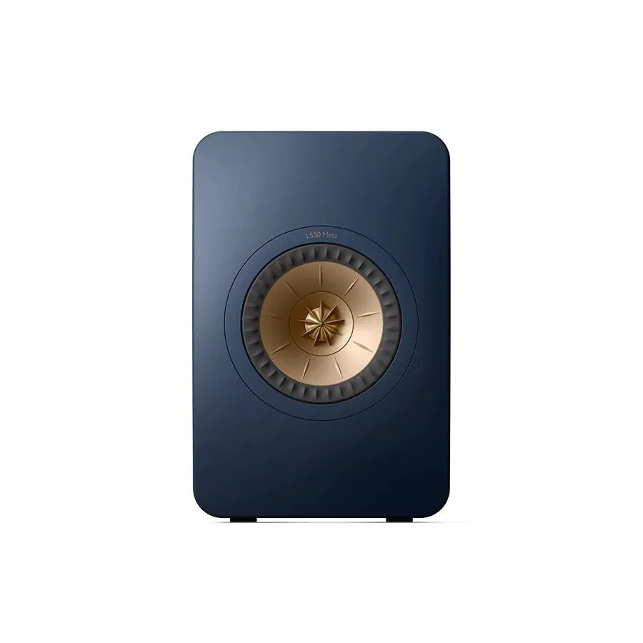 Boxă pasivă KEF LS50 Meta albastru, vedere frontală, difuzor Uni-Q central cu finisaj auriu vizibil.