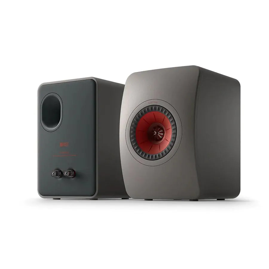Boxe pasive KEF LS50 Meta gri, vedere față-spate, cu difuzor Uni-Q roșu și conectori audio vizibili.