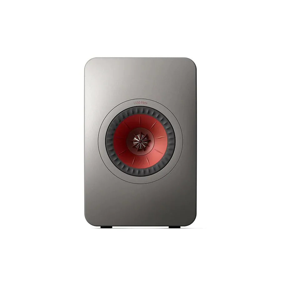 Boxă pasivă KEF LS50 Meta gri, vedere frontală, difuzor central roșu Uni-Q vizibil în detaliu complet.
