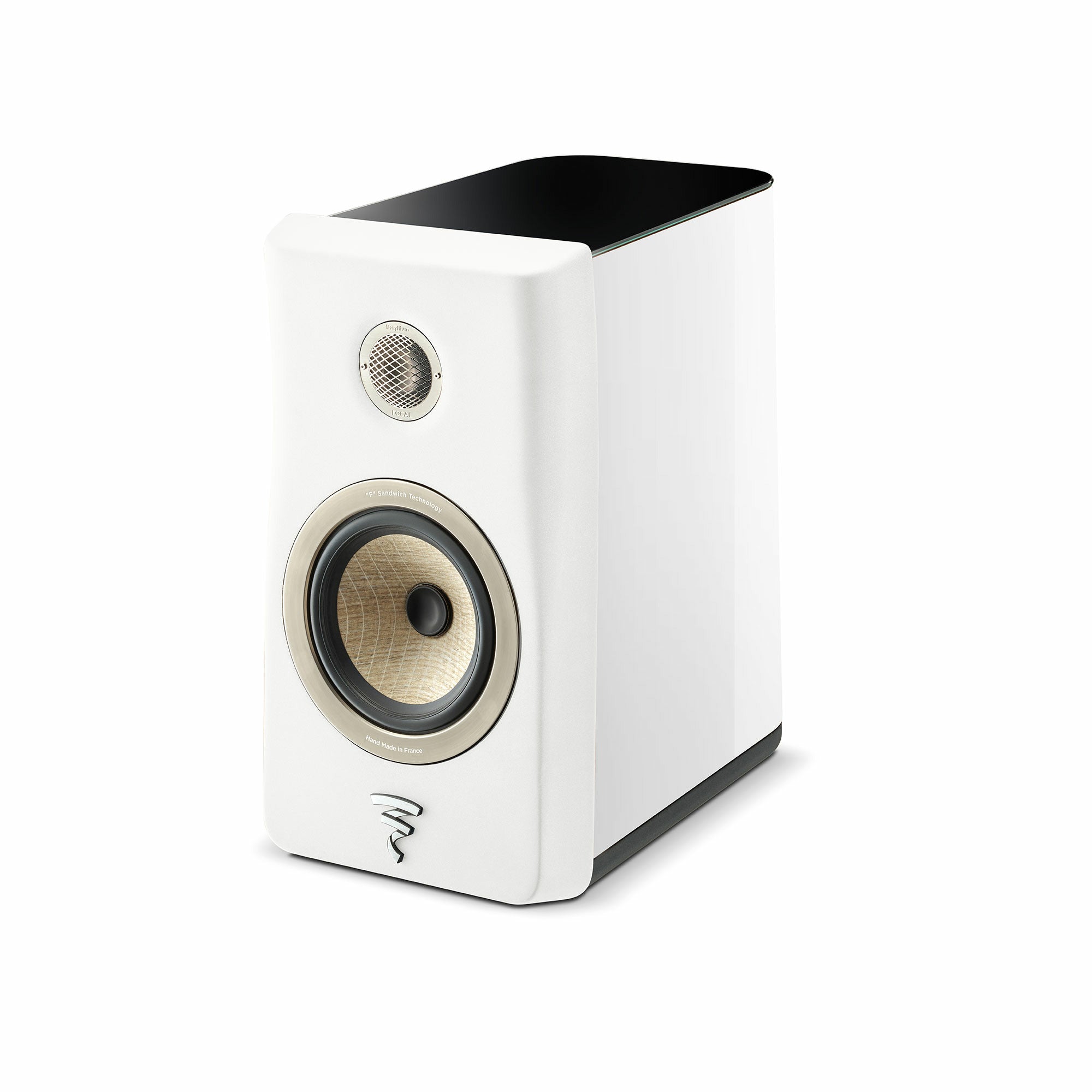 Focal Kanta N1 Boxe de raft, vedere frontală, alb lucios, tweeter și woofer vizibile, finisaj elegant.