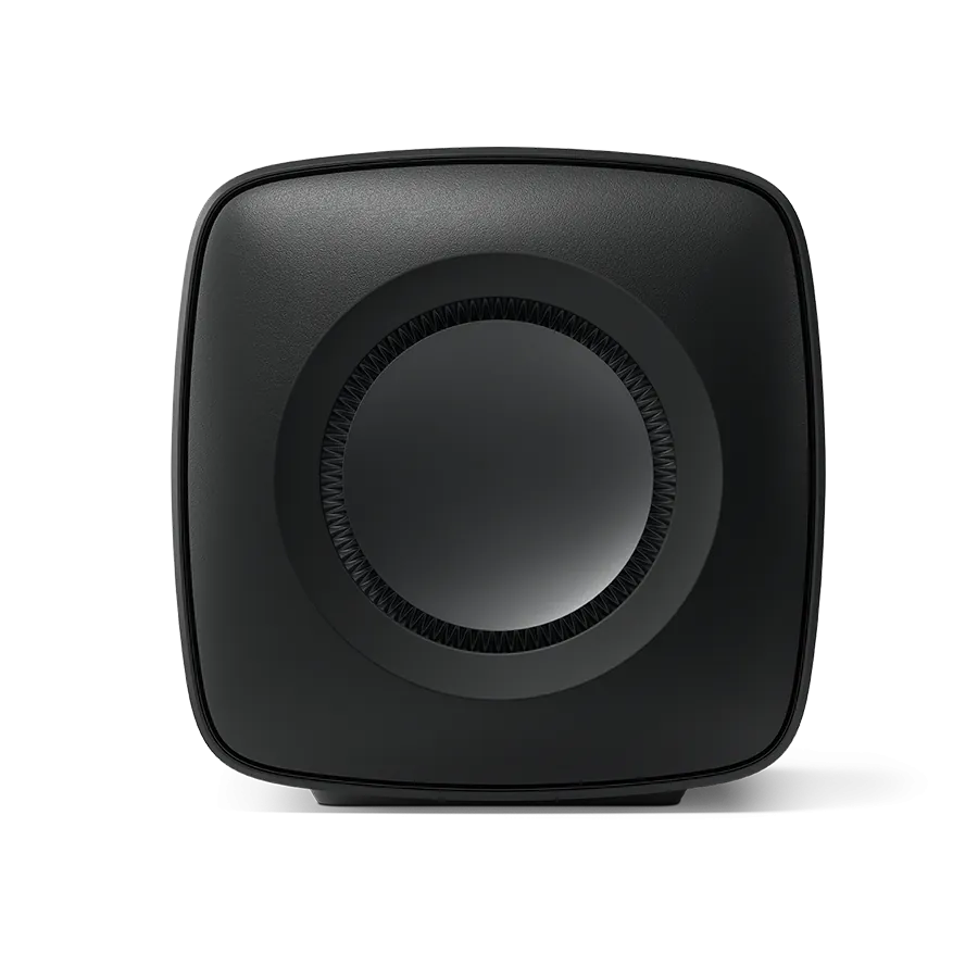 Subwoofer KEF KC62 Carbon Black, vedere laterală, difuzor de 16.5cm vizibil, 1000W, compact.