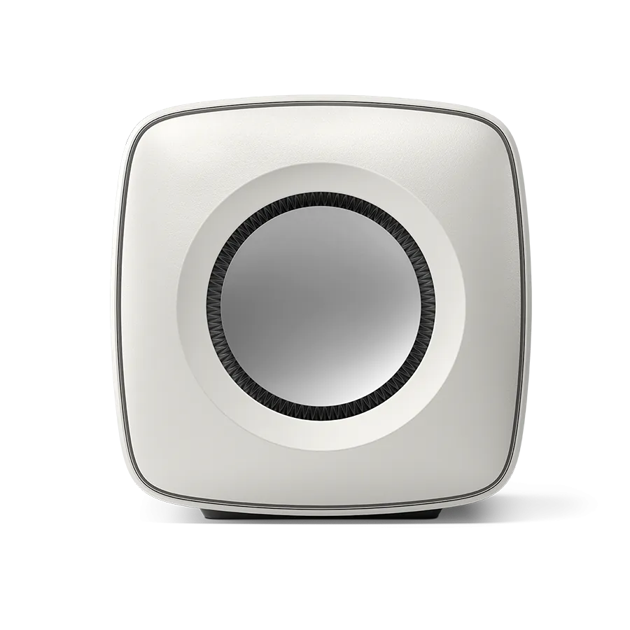 Subwoofer KEF KC62 Mineral White, vedere laterală, difuzor de 16.5 cm vizibil, 1000W, bass activ.