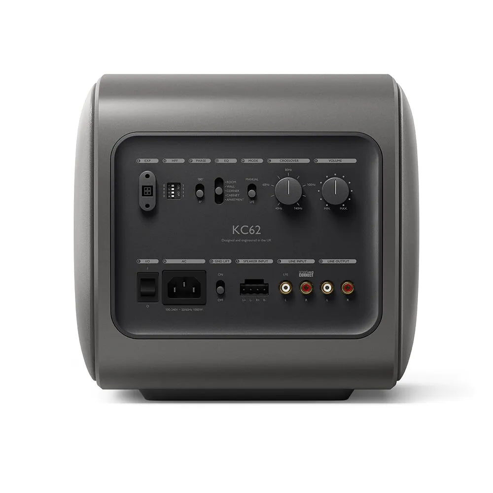 Spate subwoofer KEF KC62 1000W gri, cu panou de control, reglaje crossover, volum, intrări și ieșiri audio.