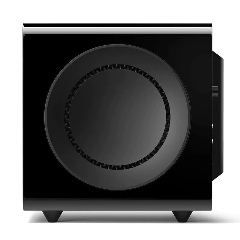 Subwoofer KEF KC92 negru, vedere laterală stânga, difuzor de 23 cm vizibil, putere 1000W, 2 woofer.
