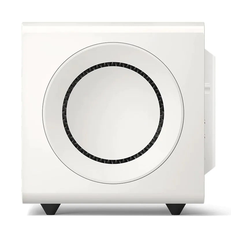Subwoofer KEF KC92 alb, vedere laterală, cu difuzor de 23 cm vizibil, putere 1000W, design compact.