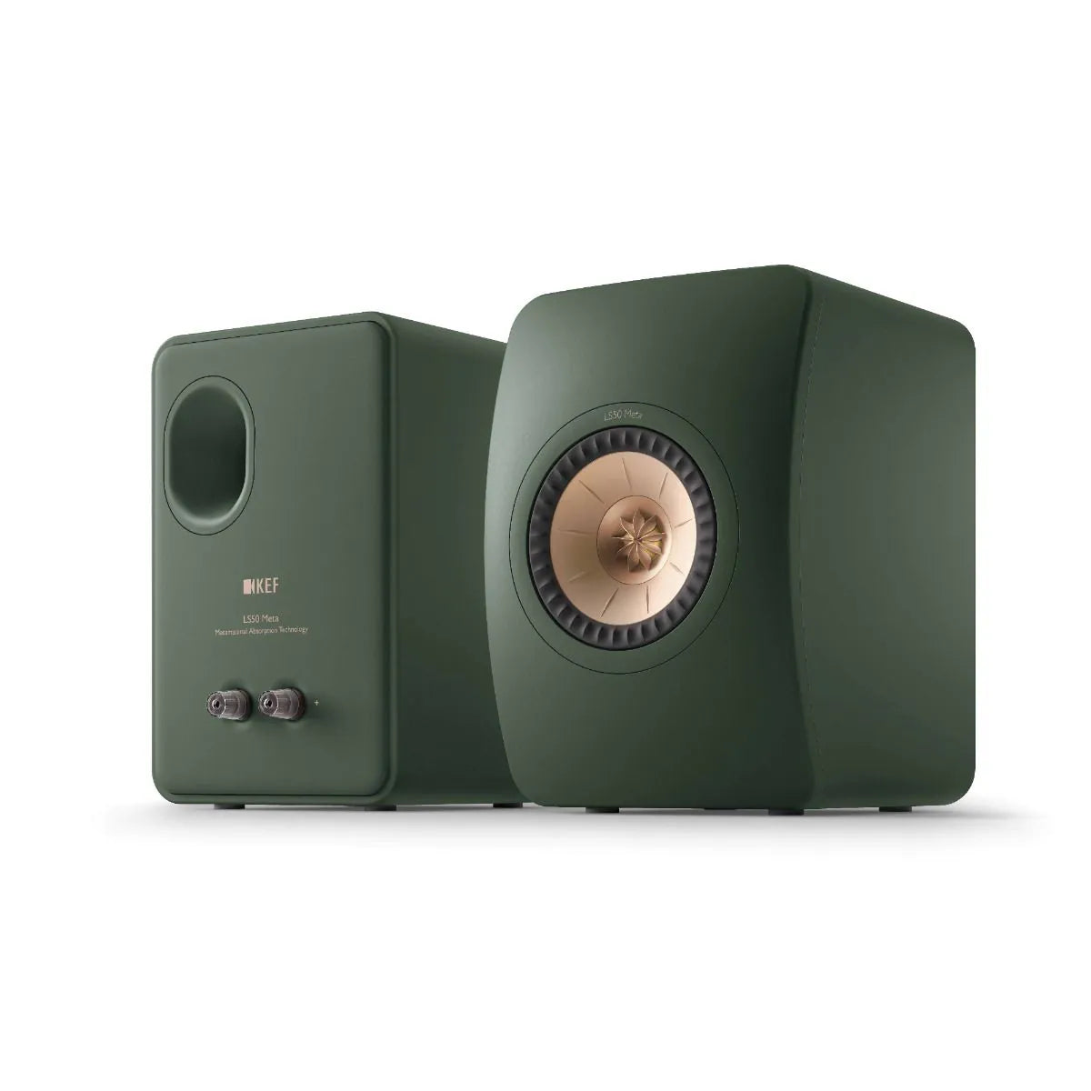 Boxe de raft pasive KEF LS50 Meta culoare verde moss, vedere frontală și spate, difuzor Uni-Q vizibil.