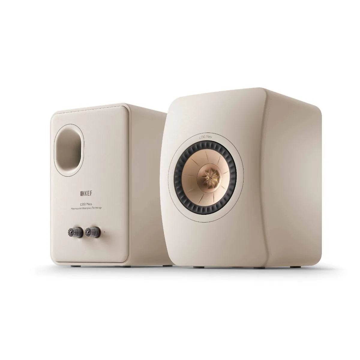 Boxe de raft pasive KEF LS50 Meta culoare Sand, vedere frontală și spate cu port bass reflex și conectori.