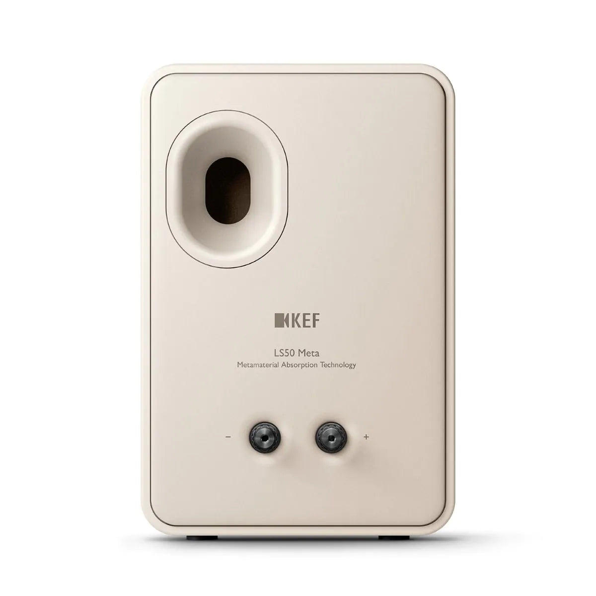 Spatele boxei pasive KEF LS50 Meta culoare Sand, cu port bass reflex și conectori +/- vizibili.