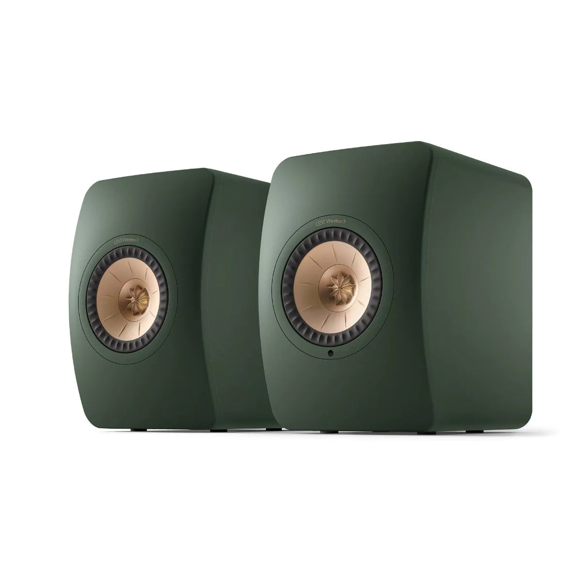 Boxe active KEF LS50 Wireless II culoare Moss Green, vedere frontală, difuzoare Uni-Q vizibile.