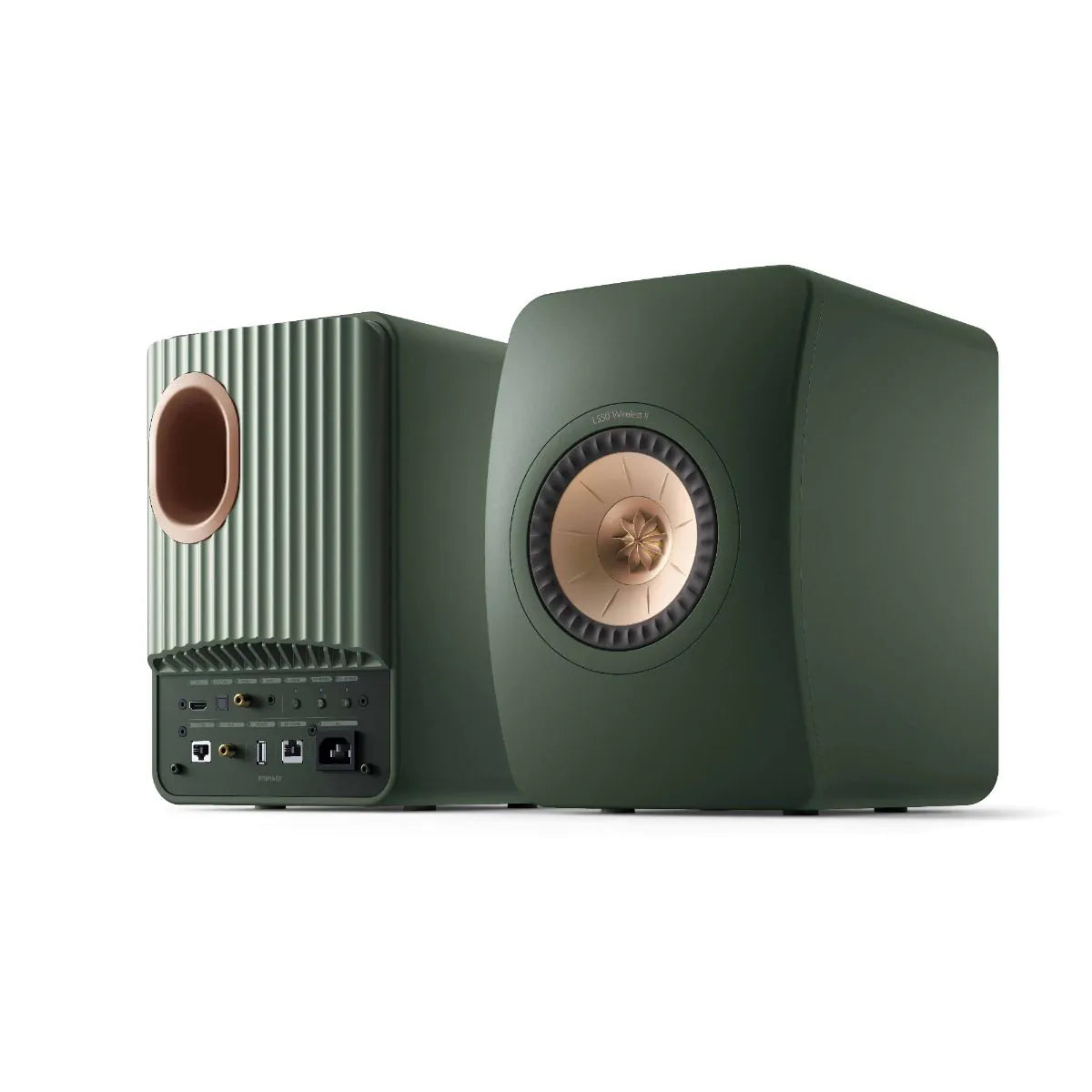 Boxe active KEF LS50 Wireless II culoare Moss Green, vedere spate și față, porturi și difuzor Uni-Q.