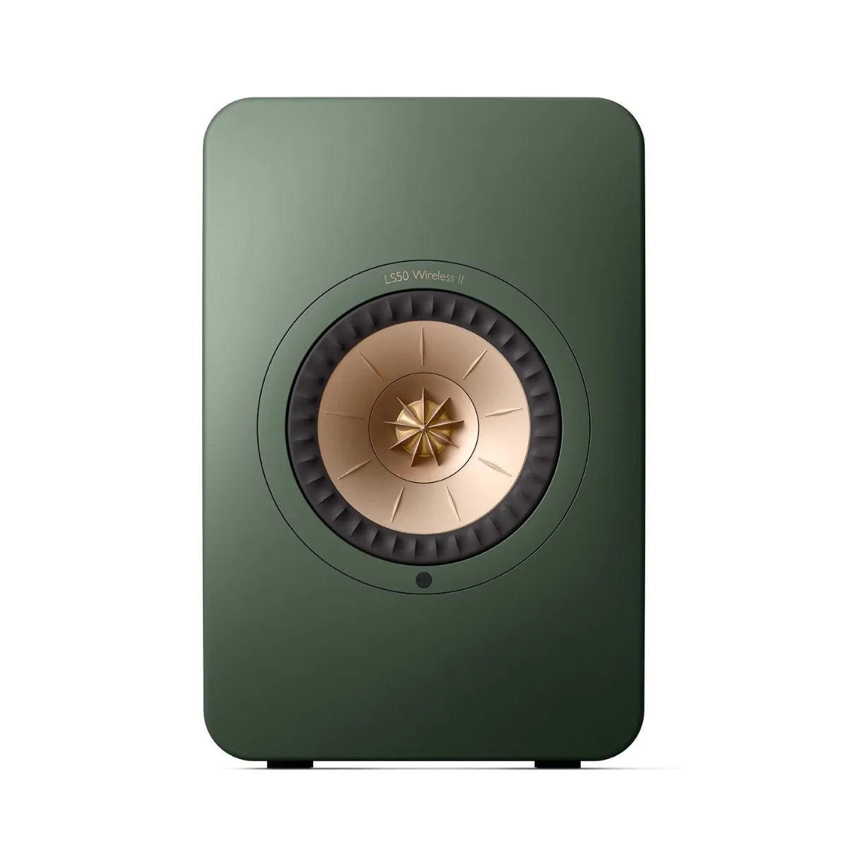 Boxă activă KEF LS50 Wireless II culoare Moss Green, vedere frontală cu driver Uni-Q central vizibil.