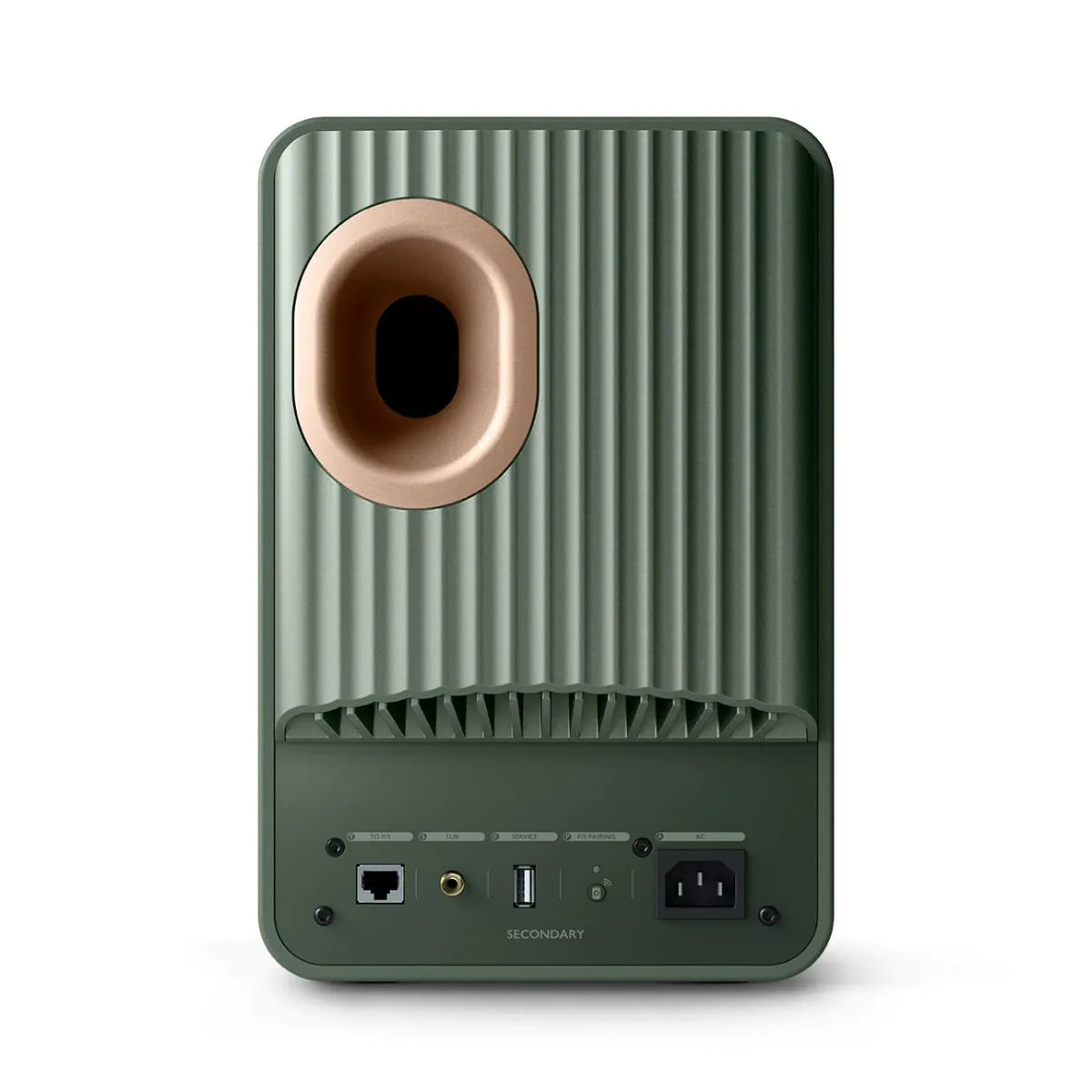 Spate boxă activă KEF LS50 Wireless MK2 culoare Moss Green, port bass reflex, conexiuni rețea și USB.