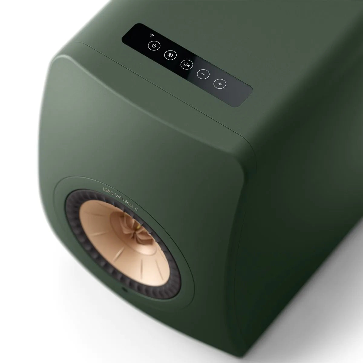 Boxă activă KEF LS50 Wireless II culoare Moss Green, vedere de sus cu panou tactil și difuzor frontal.