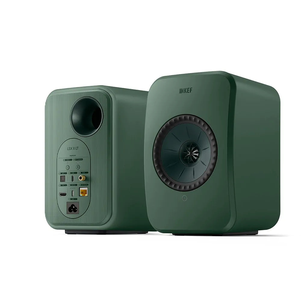 Boxe active verzi KEF LSX II LT, vedere din spate și față, cu port HDMI, USB-C, Wi-Fi și difuzor Uni-Q.