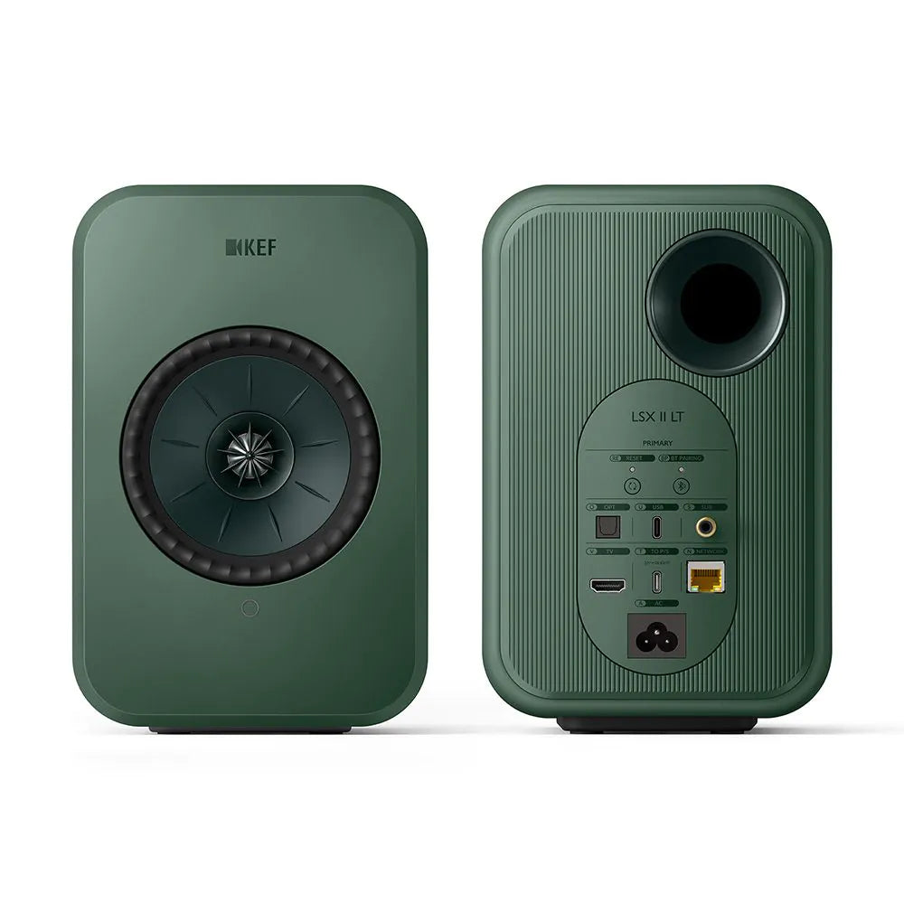 Boxe active KEF LSX II LT verzi, vedere față-spate, cu port HDMI, USB-C, LAN și difuzor Uni-Q.