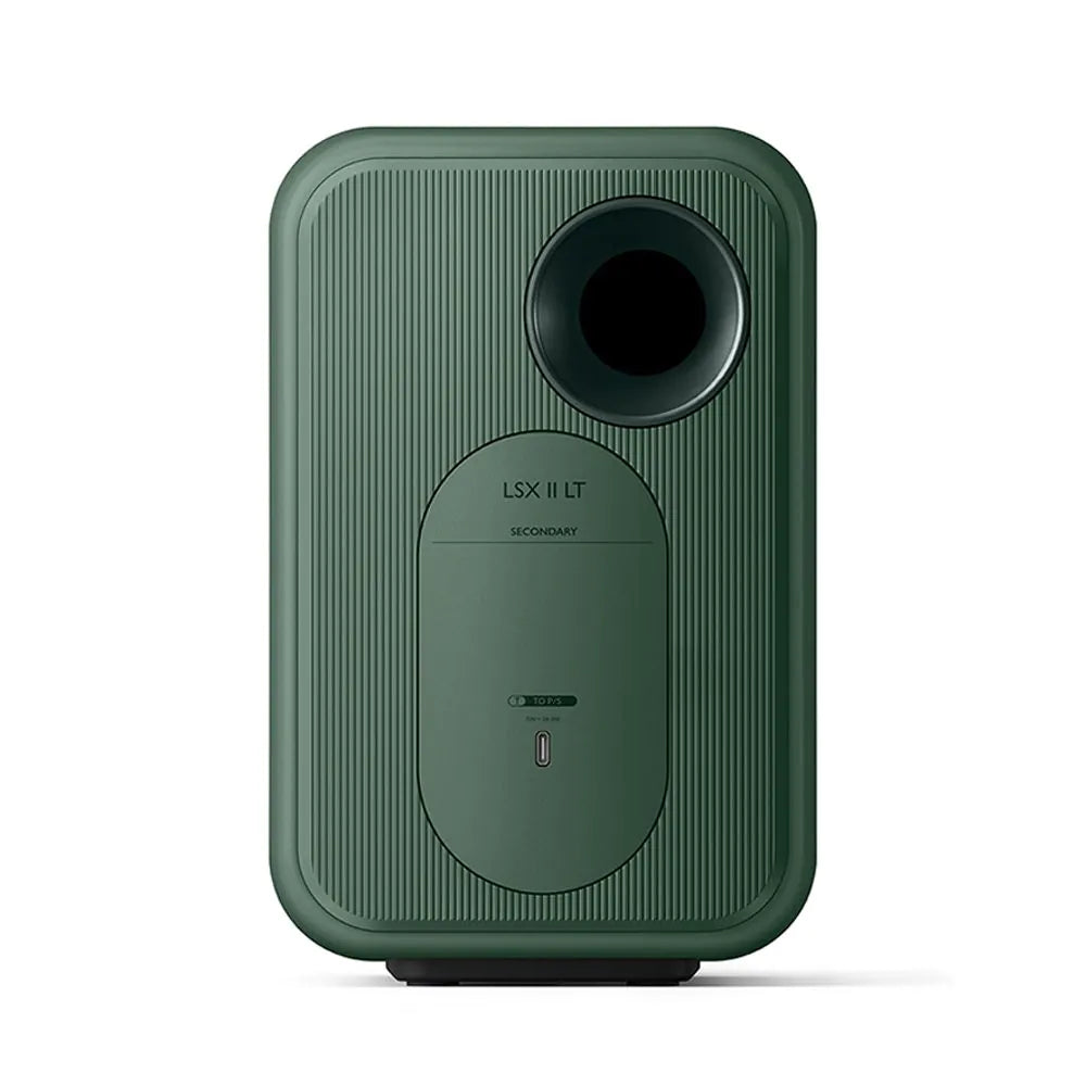 Spate boxă activă KEF LSX II LT verde, port bass reflex, conector USB-C și etichetă "SECONDARY".
