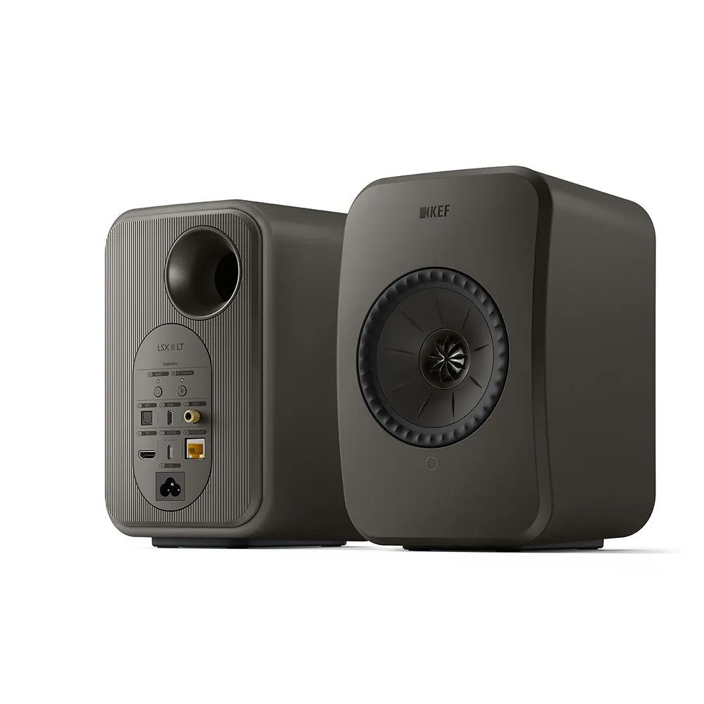 Boxe active KEF LSX II LT gri, vedere față-spate, conectori HDMI, USB-C, Ethernet și difuzor Uni-Q.