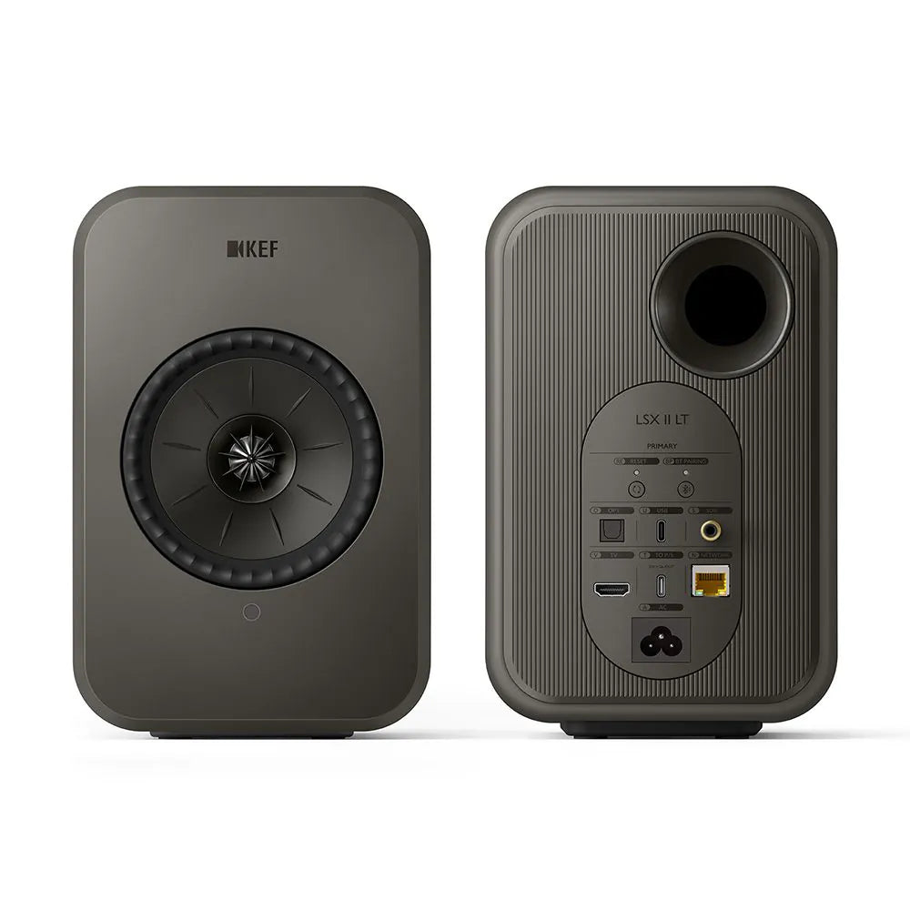 Boxe active KEF LSX II LT gri, vedere față și spate, cu port HDMI, USB-C, Ethernet și difuzor Uni-Q.