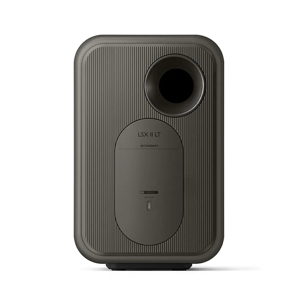 Spate boxă activă KEF LSX II LT gri, port bass reflex, etichetă "Secondary", port conexiune dedicat.