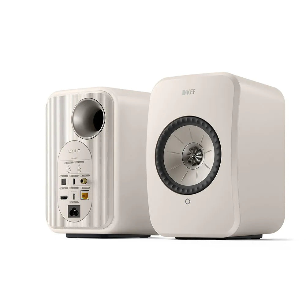Boxe active KEF LSX II LT albe, vedere față-spate, conectori HDMI, USB-C, LAN, ieșire bass reflex.