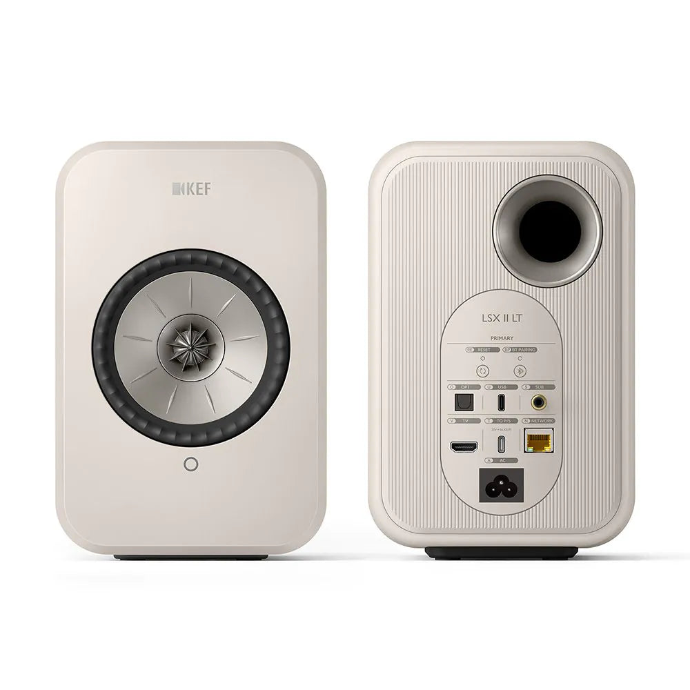 Boxe active KEF LSX II LT albe, vedere față și spate, cu port HDMI, USB-C, Wi-Fi și mufă optic.