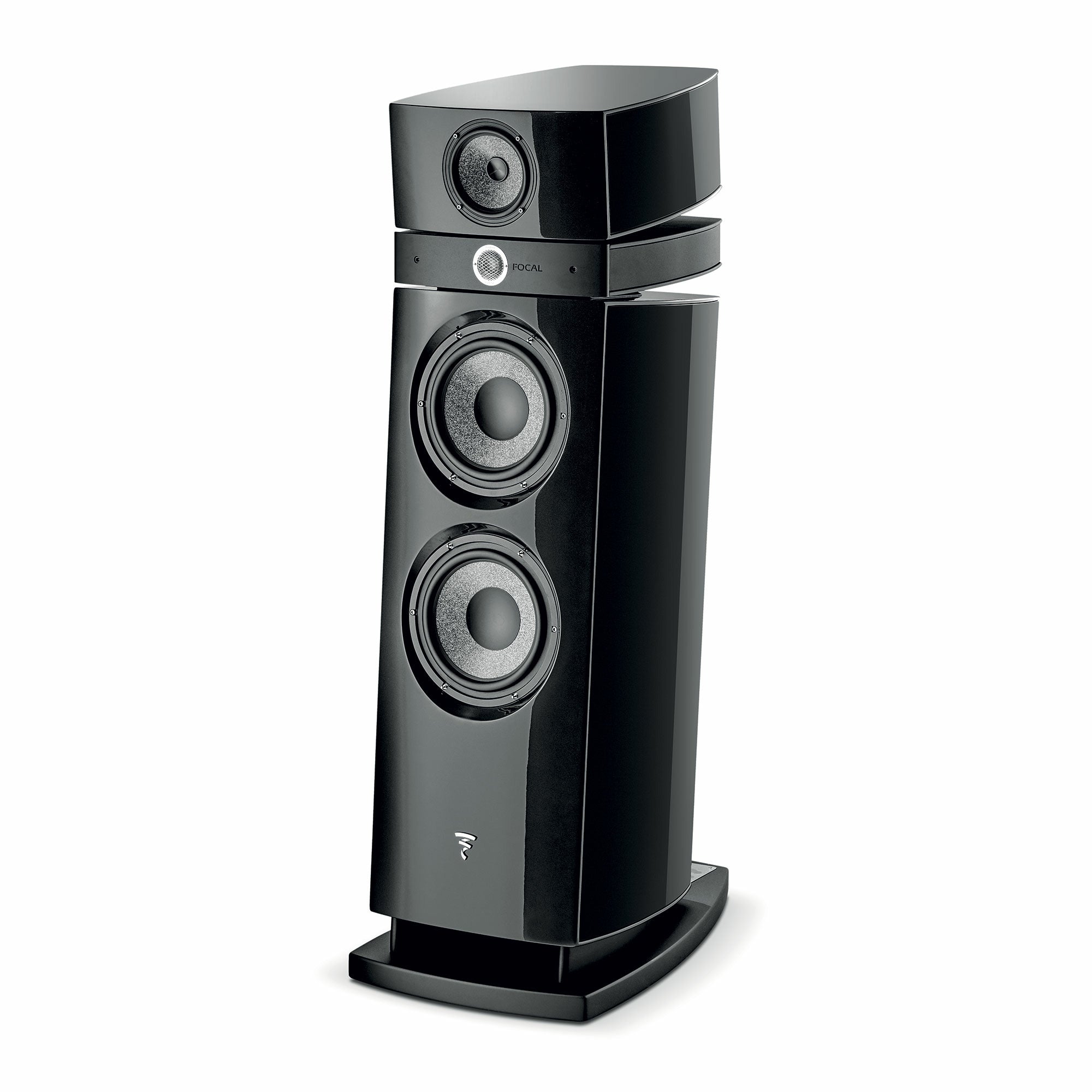 Focal Maestro Utopia Evo Boxe de podea, vedere din unghi de 34°, culoare neagră, două woofere vizibile.#color_black-lacquer