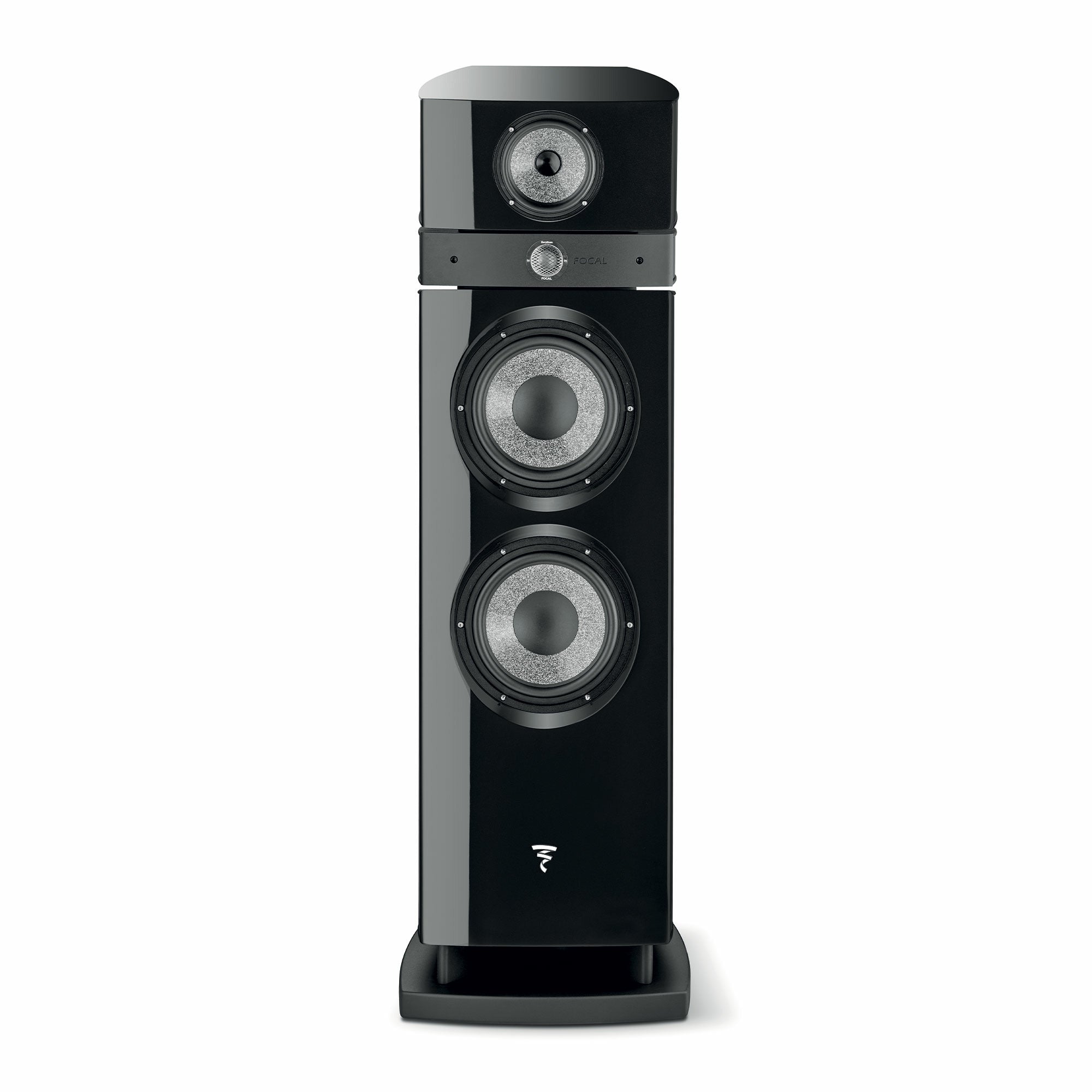 Boxă Focal Maestro Utopia Evo neagră, vedere frontală. Prezintă trei difuzoare și logo-ul Focal.