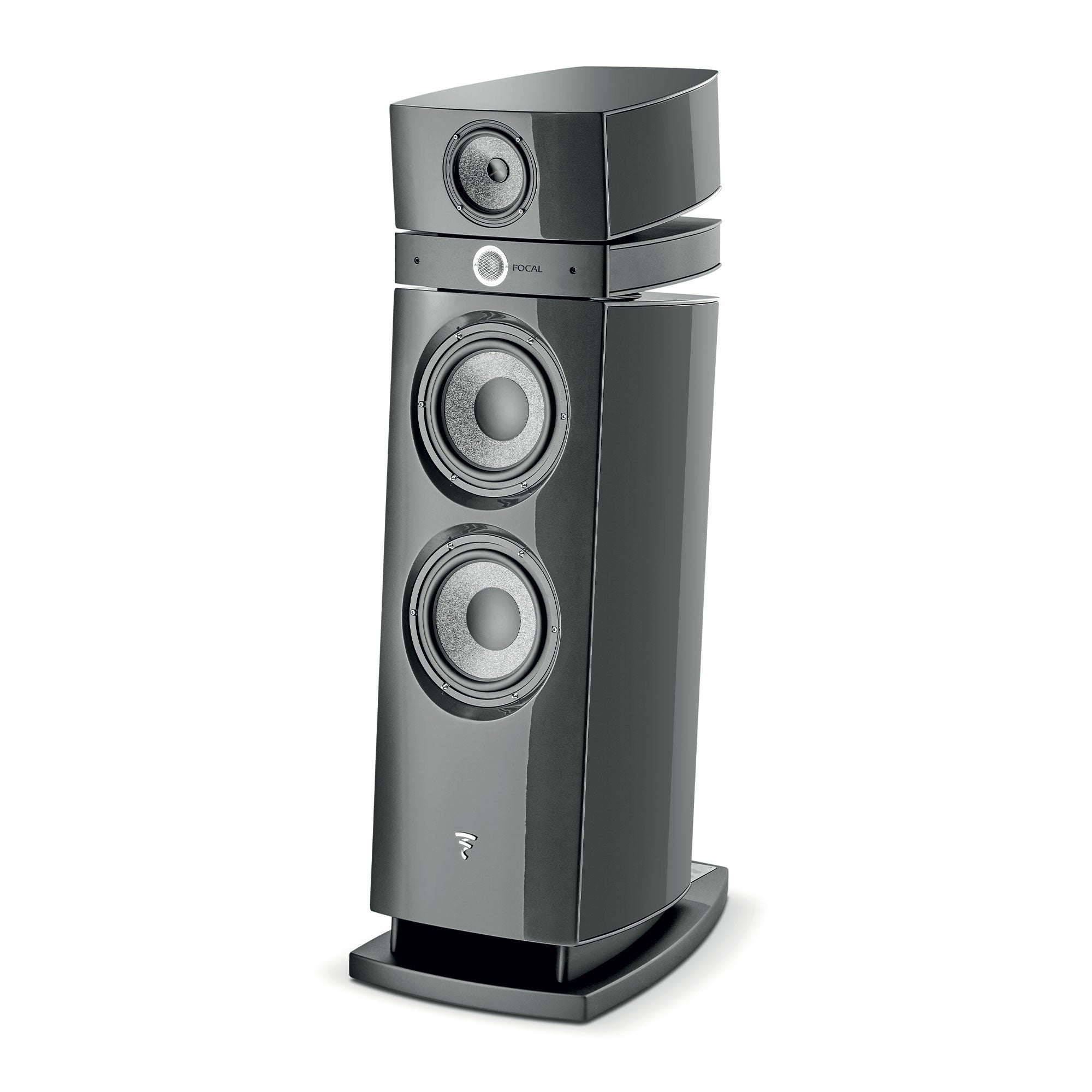 Boxa Focal Maestro Utopia Evo, vedere din unghi de 34 de grade, culoare gri, cu două woofere și un tweeter.