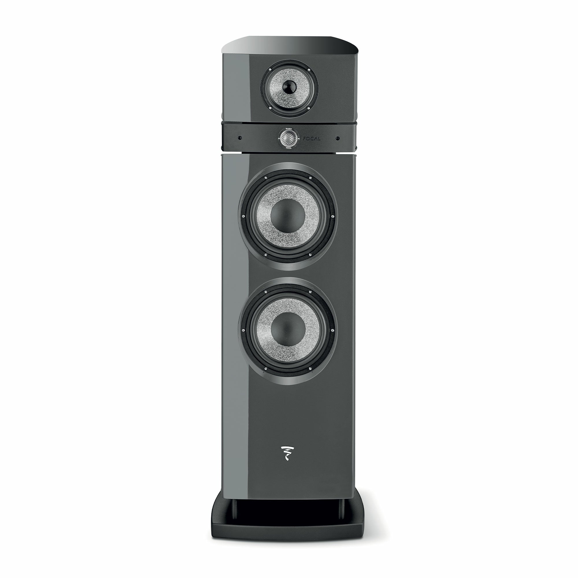 Boxă Focal Maestro Utopia Evo, vedere frontală, culoare gri, trei difuzoare vizibile, logo Focal jos.