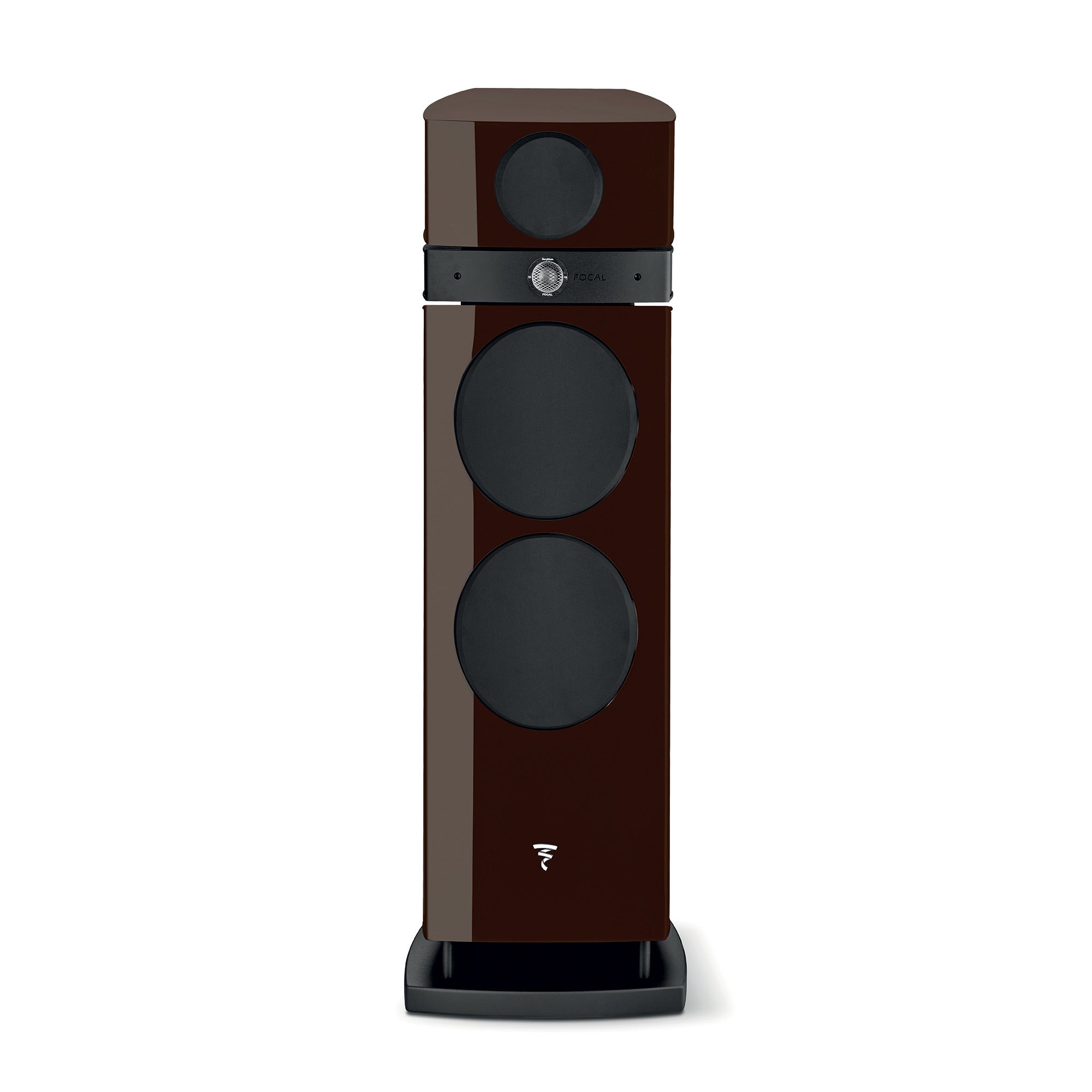 Focal Maestro Utopia Evo Boxe de podea, față maro ciocolată, două difuzoare mari și un tweeter vizibile.