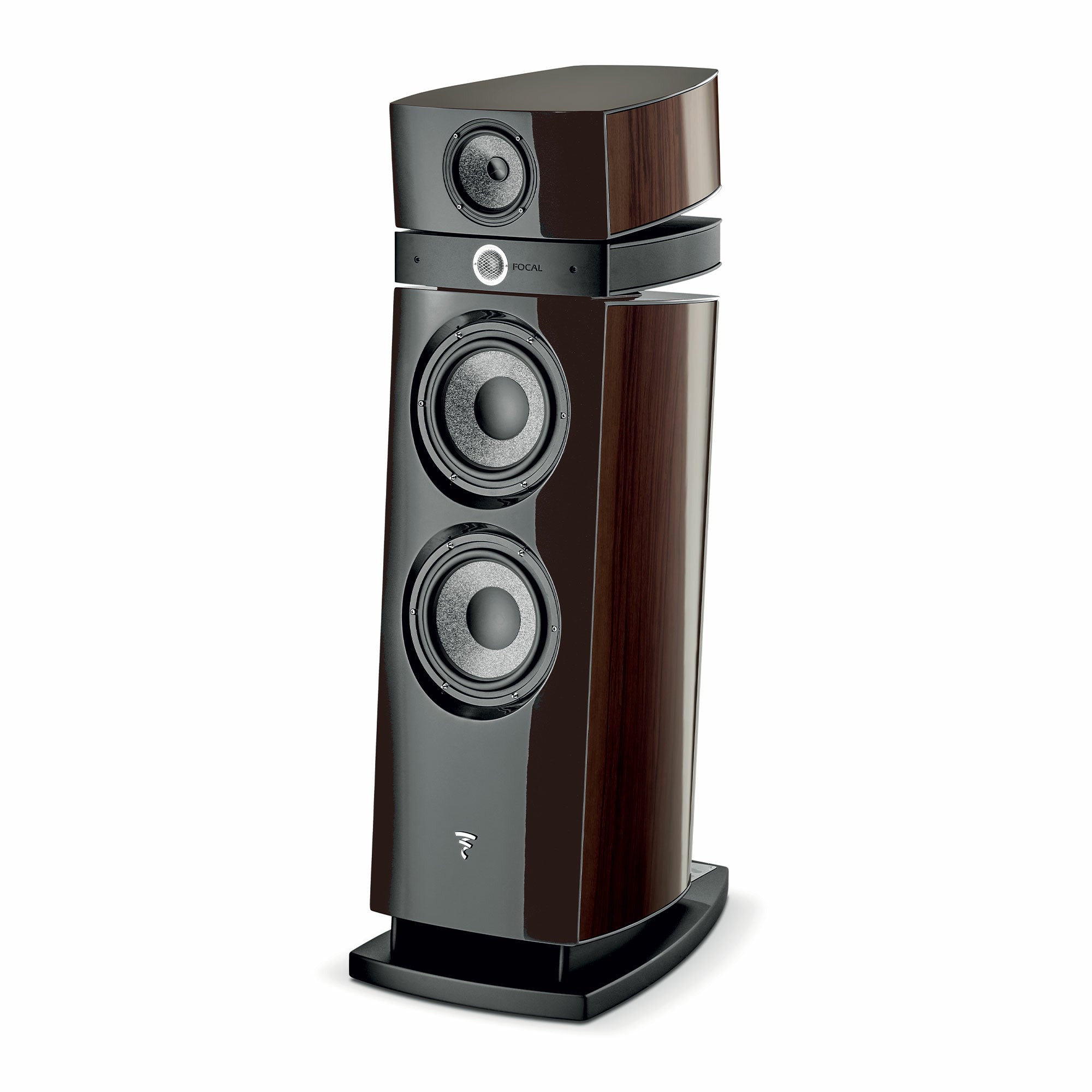 Boxă Focal Maestro Utopia Evo, vedere din unghi de 34°, culoare nuc închis, cu două difuzoare mari și un tweeter.