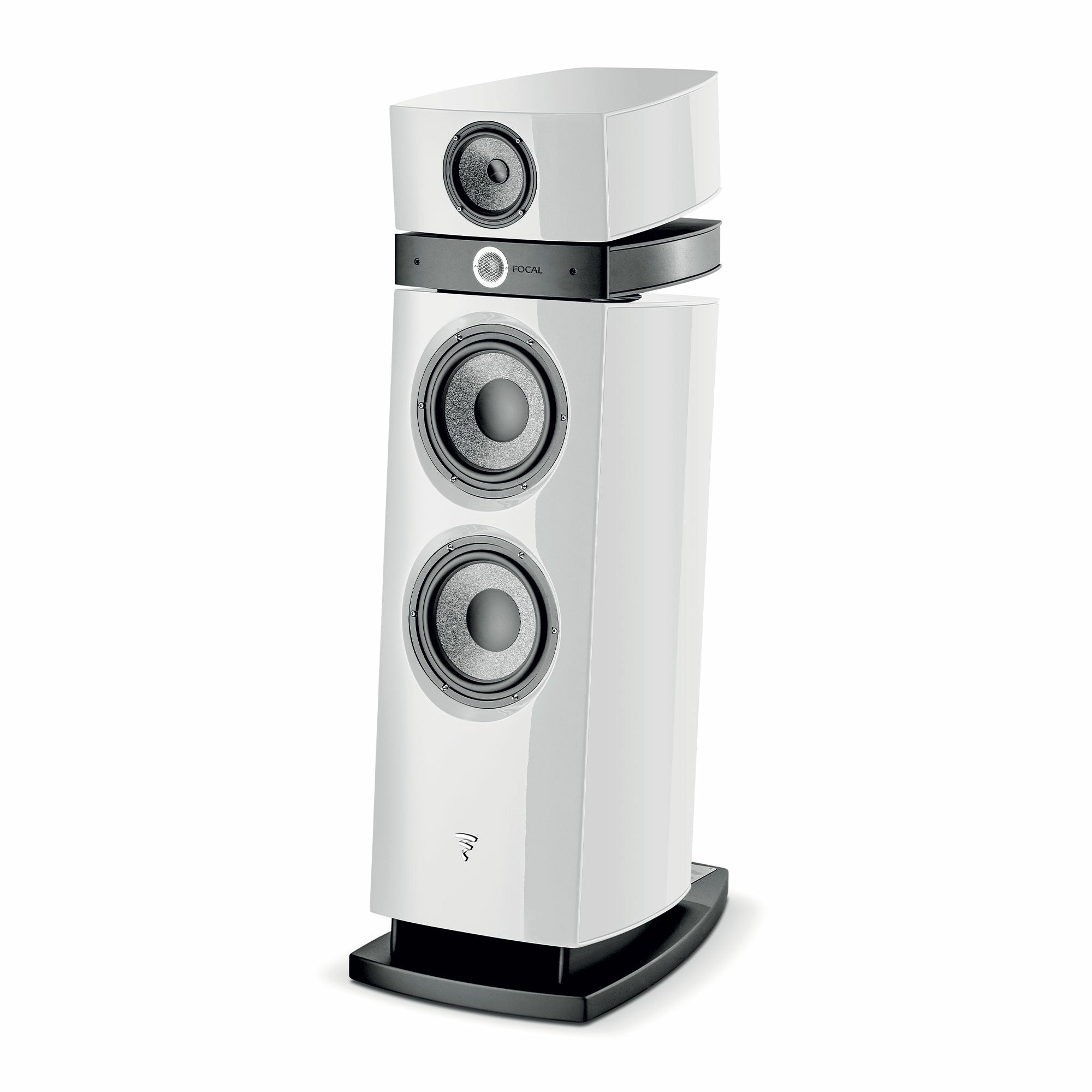 Boxă Focal Maestro Utopia Evo albă, vedere din unghi de 34 de grade, cu două woofere și un tweeter.